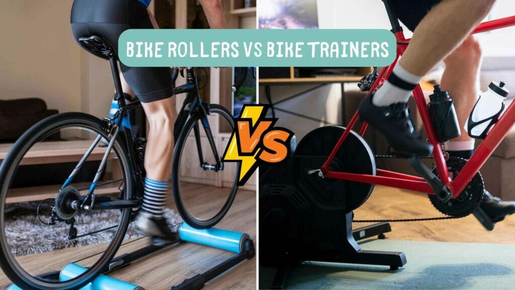 on the left there's a photo of a cyclist working out with his bike on a bike roller. On the right there's a cyclist working out with its bicycle on a bike trainer. Bike Rollers VS Turbo Trainers