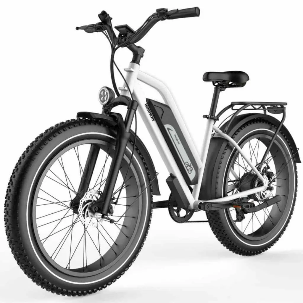 Photo of a white Himiway Cruiser Fat Tire Electric Bike for Short Riders.