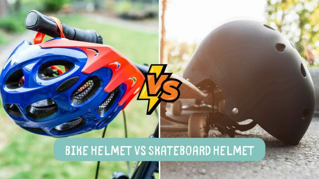 Photo of a bike helmet on the left hanging from a bicycle handlebar and a skateboard helmet on the right on top of a skate. Bike Helmet vs Skateboard Helmet.