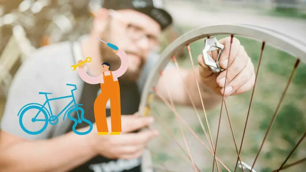 Photo of a bike mechanic tightening a bicycle wheel spokes.
