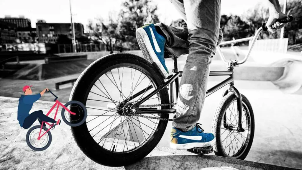 Photo of a bmx without brakes and the rider is braking with his foot on the back wheel.