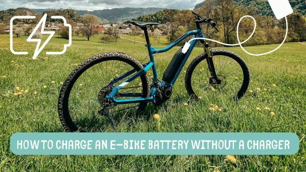 Photo of an ebike on the grass with a drawing of a charger on top of it and a battery logo. How to Charge an E-bike Battery Without a Charger?