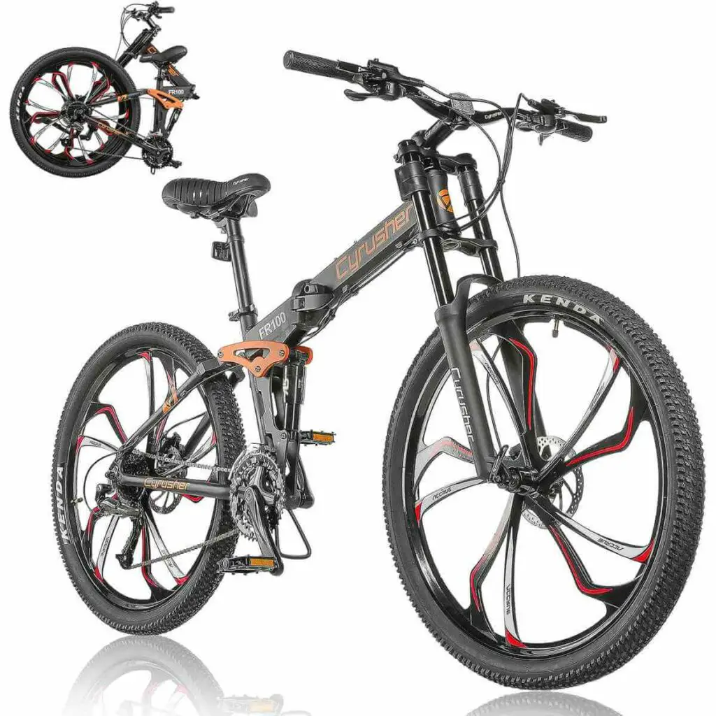 Photo of a foldable Cyrusher FR100 Mountain Bike in black with orange accents.