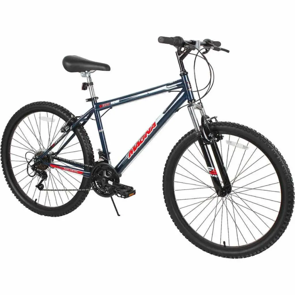Photo of a Dynacraft Echo Ridge Mountain Bike in blue color and on a white background.