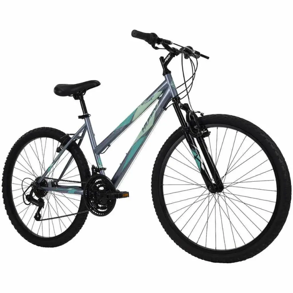 Photo of a Huffy Stone Mountain Women’s Mountain Bike in gray and on a white background.