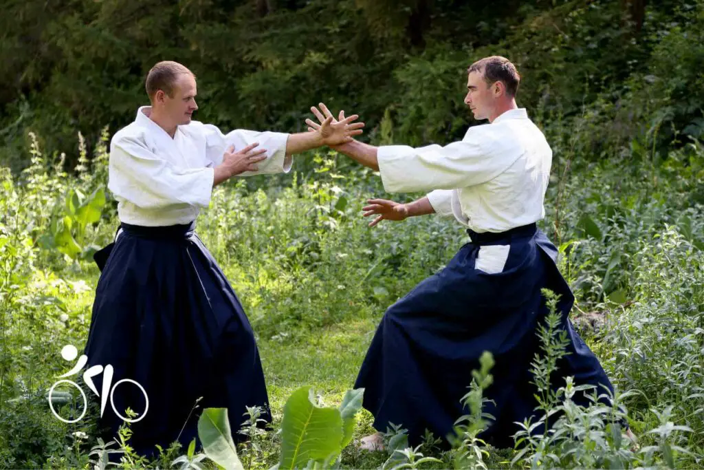 Photo of two men training Aikido.