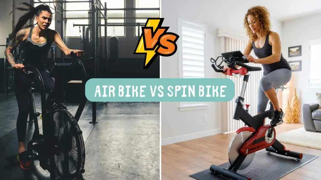 Photo of a woman dressed in black running and air bike on the left and another woman on the right riding a spin bike. Air Bike vs Spin Bike.