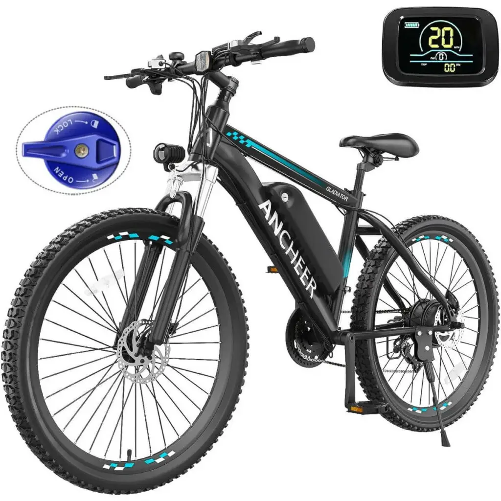 Photo of a black and blue Ancheer electric mountain bike with a light and a suspension lock.