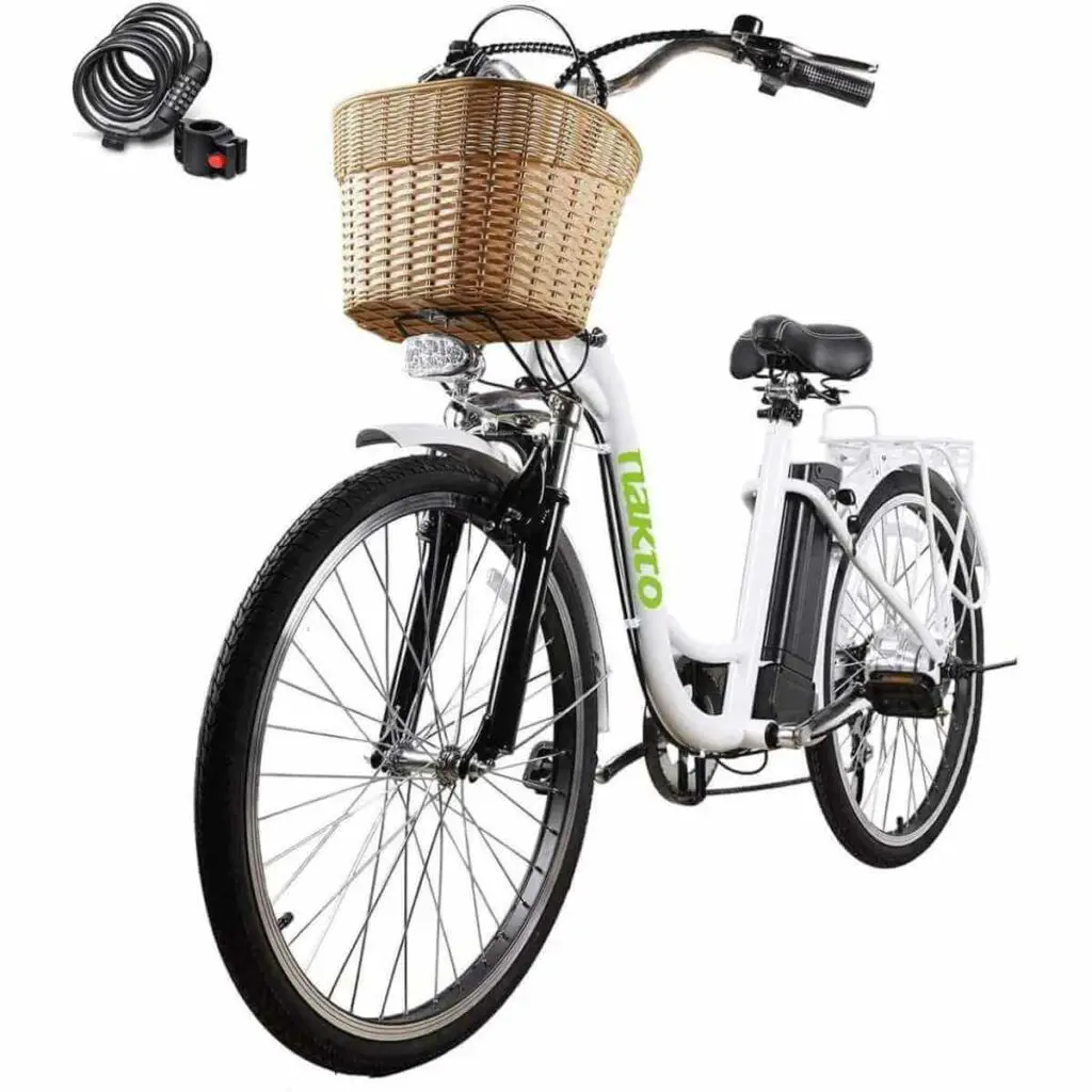 Photo of a white NAKTO Electric Bike with green logo and on a white background.