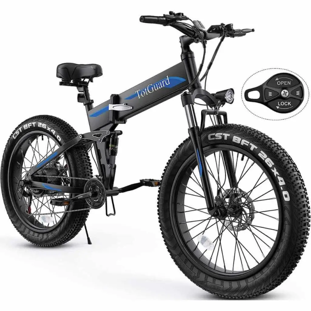 Photo of a TotGuard Electric Bike for Tall Riders in black with blue stickers and suspension lock on a white background.