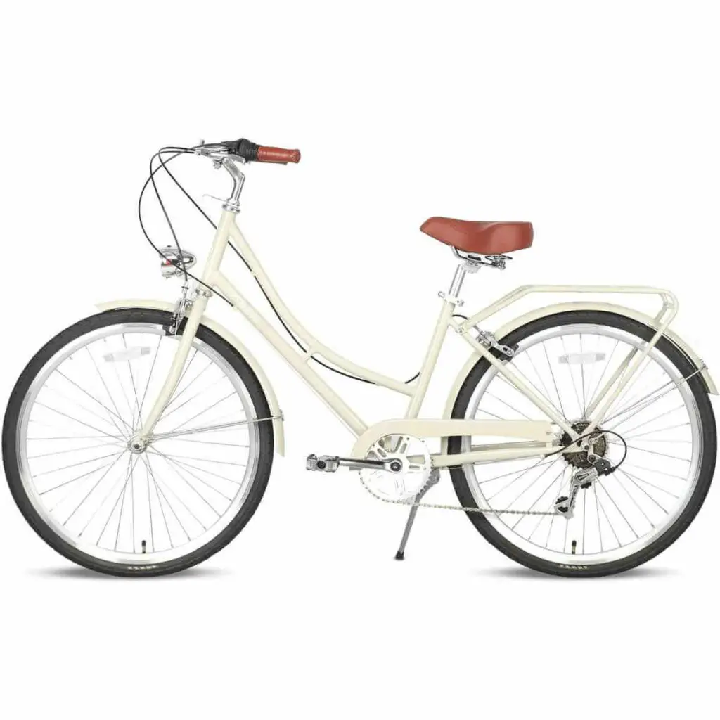Photo of a beige AVASTA Astrid Step-Through Hybrid Cruiser Bicycle on a white background.