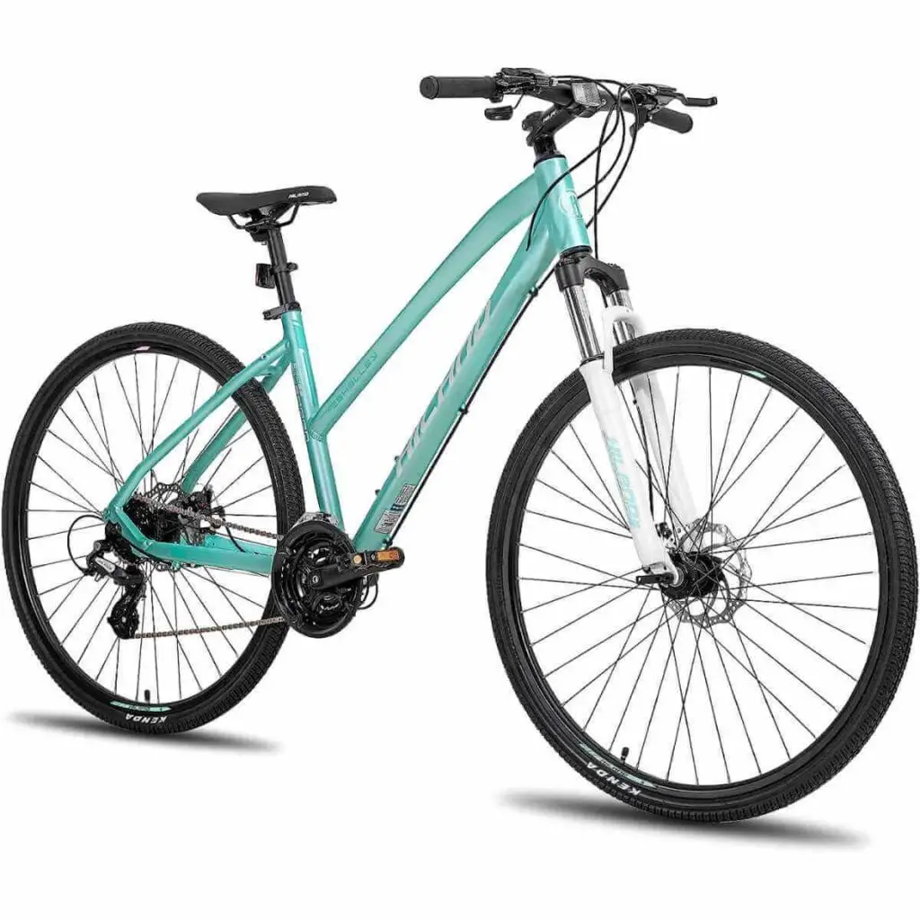 Photo of a Hiland 700C Hybrid Bicycle With Lock-Out Suspension in a teal color and on a white background.