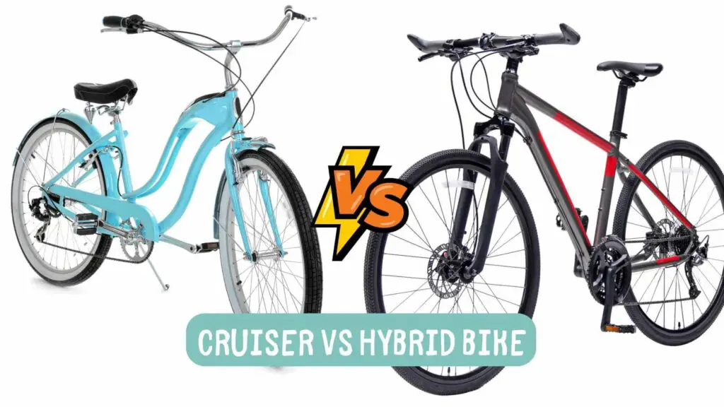 Photo of a blue cruiser bike on the left and a gray and red hybrid bike on the right. Cruiser vs Hybrid Bike.
