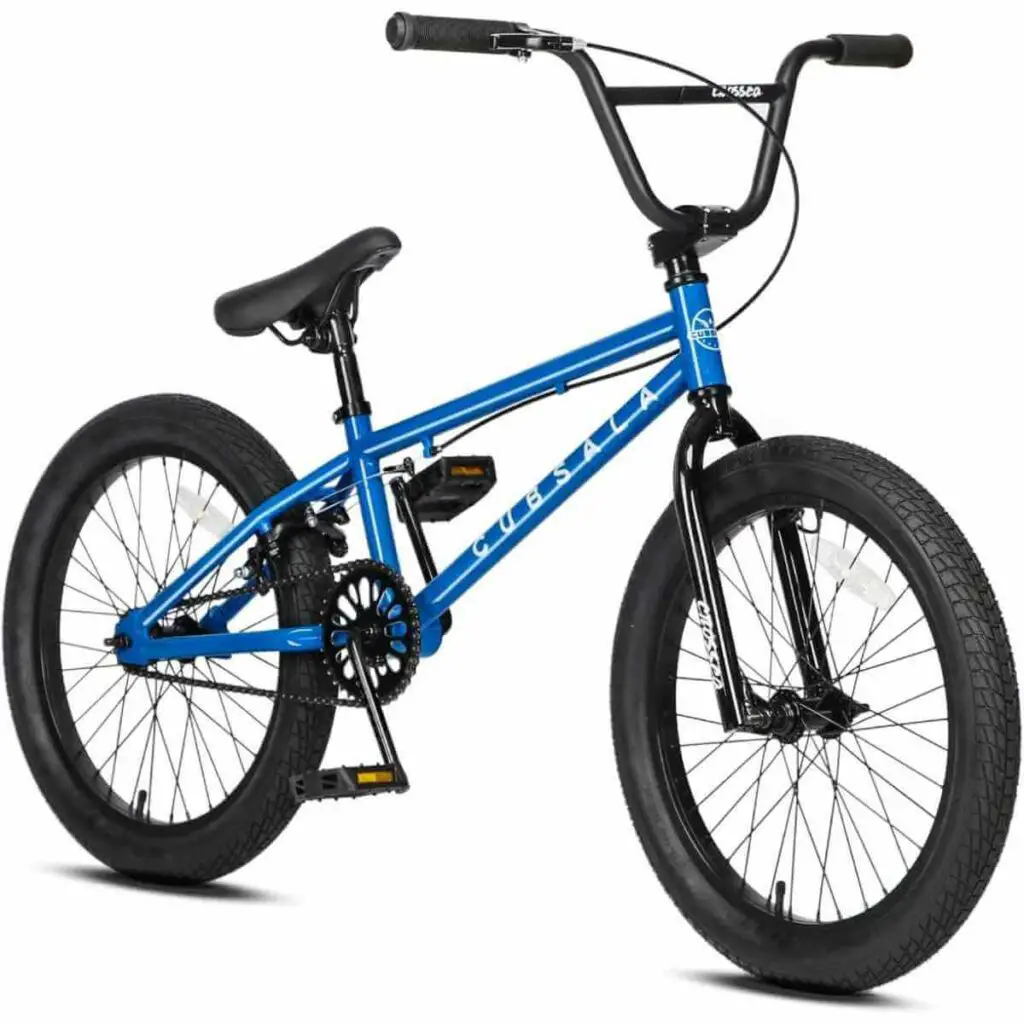 Photo of a Cubsala Crossea Freestyle BMX wheelie bike Beginner-Level in Blue Crossea color and on a white background.
