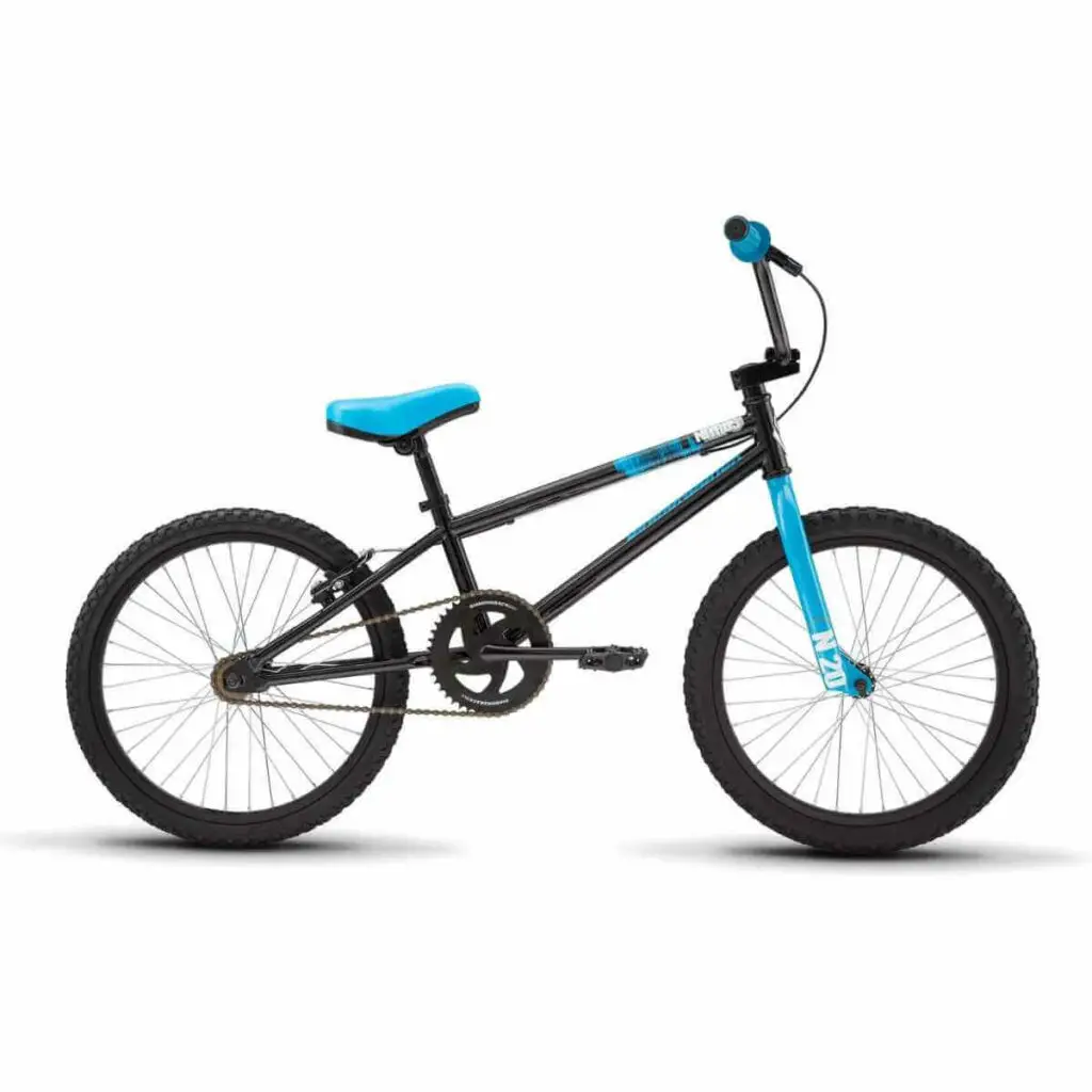 Photo of a Diamondback Bicycles Youth Nitrus BMX Bike in black and blue and on a white background.