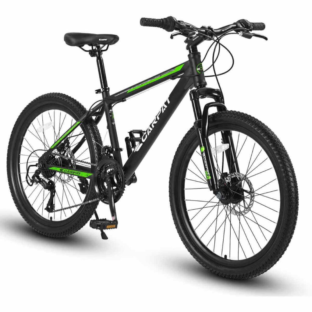Photo of a Elecony Women's Mountain Bike in black with green decals and on a white background.