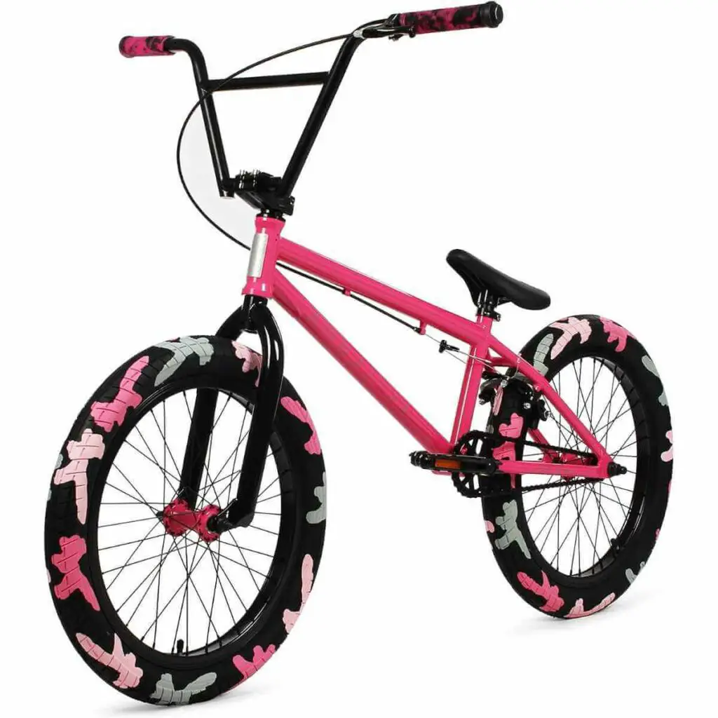 Photo of a Elite BMX Bicycle Wheelie Freestyle Bike in Pink Combat color on a white background.