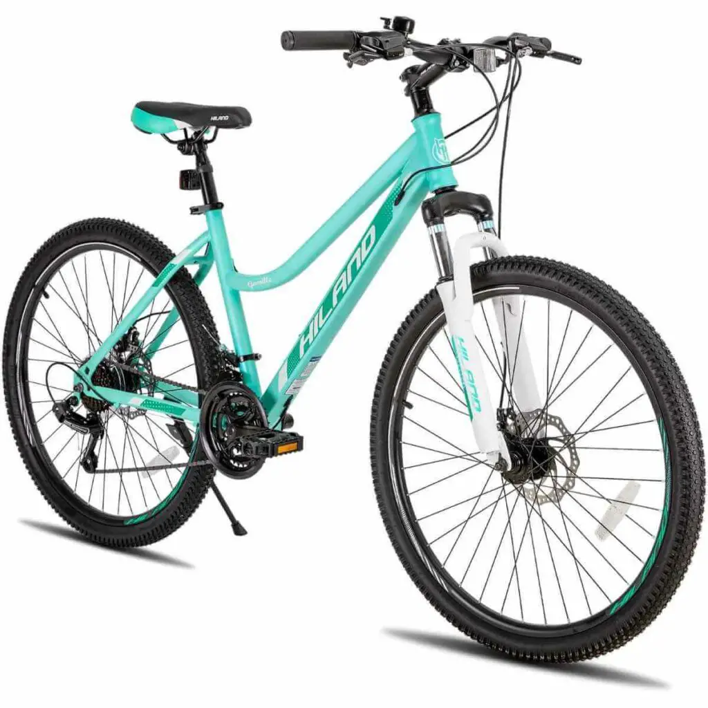 Photo of a Hiland Women’s Mountain Bike in a light blue color and on a white background.
