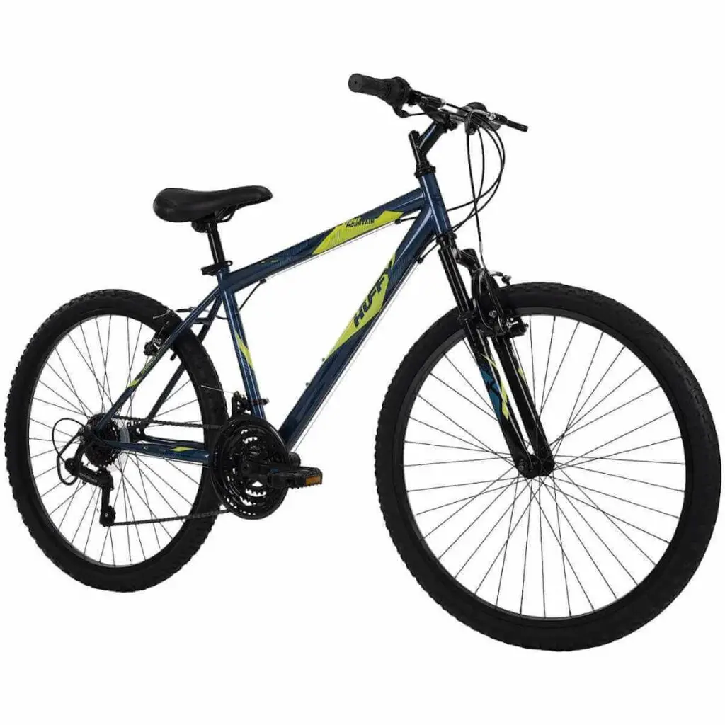 Photo of a blue and green Huffy Stone Mountain Mountain Bike.