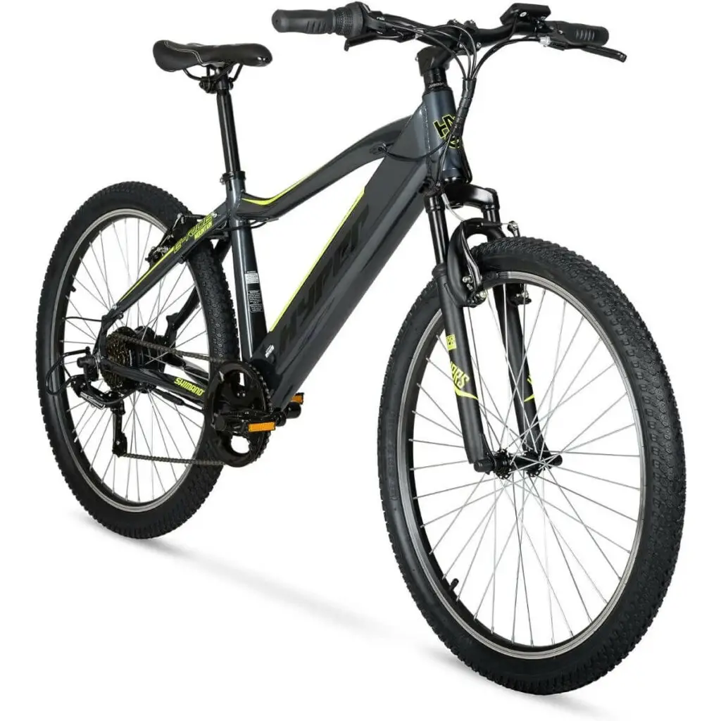 Photo of a gray and yellow Hyper electric mountain bike for adults in 26"