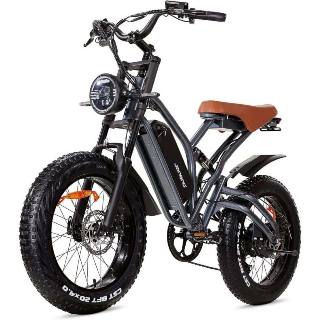 Photo of a Janson Electric bike in gray with a brown leather seat.