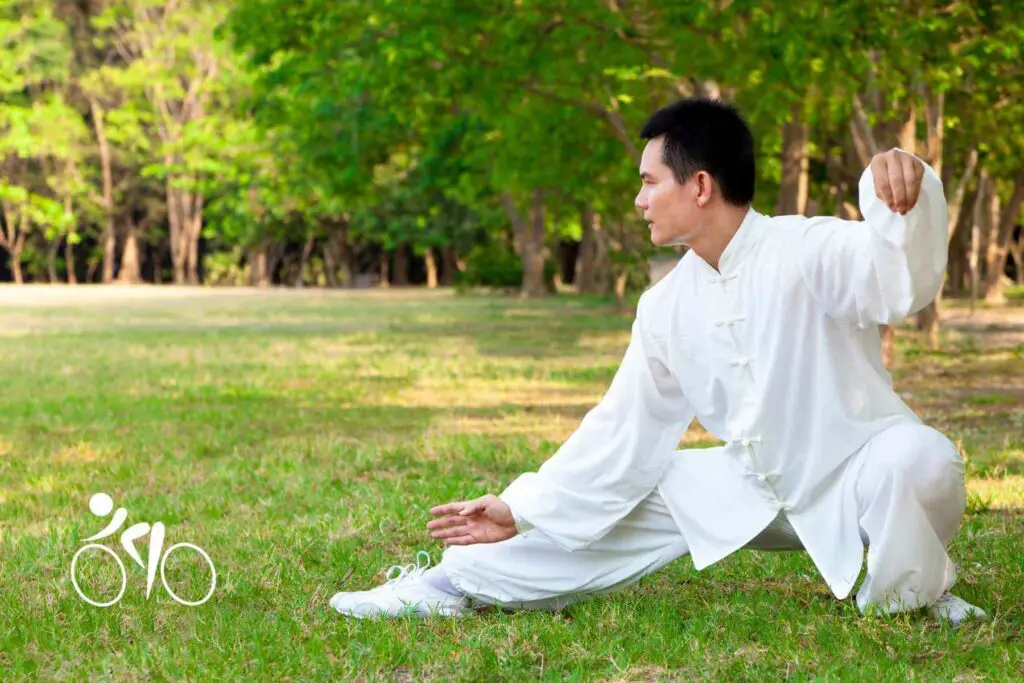 Photo of a man training Kung Fu on a park.