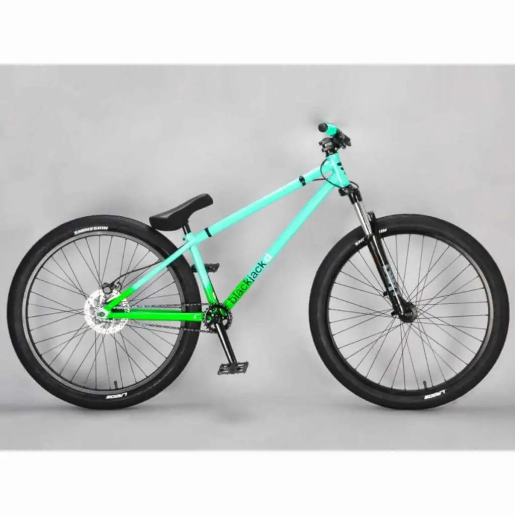 Photo of a Mafiabikes Blackjack D 26” BMX Jump and Wheelie Bike in teal color and gray background.