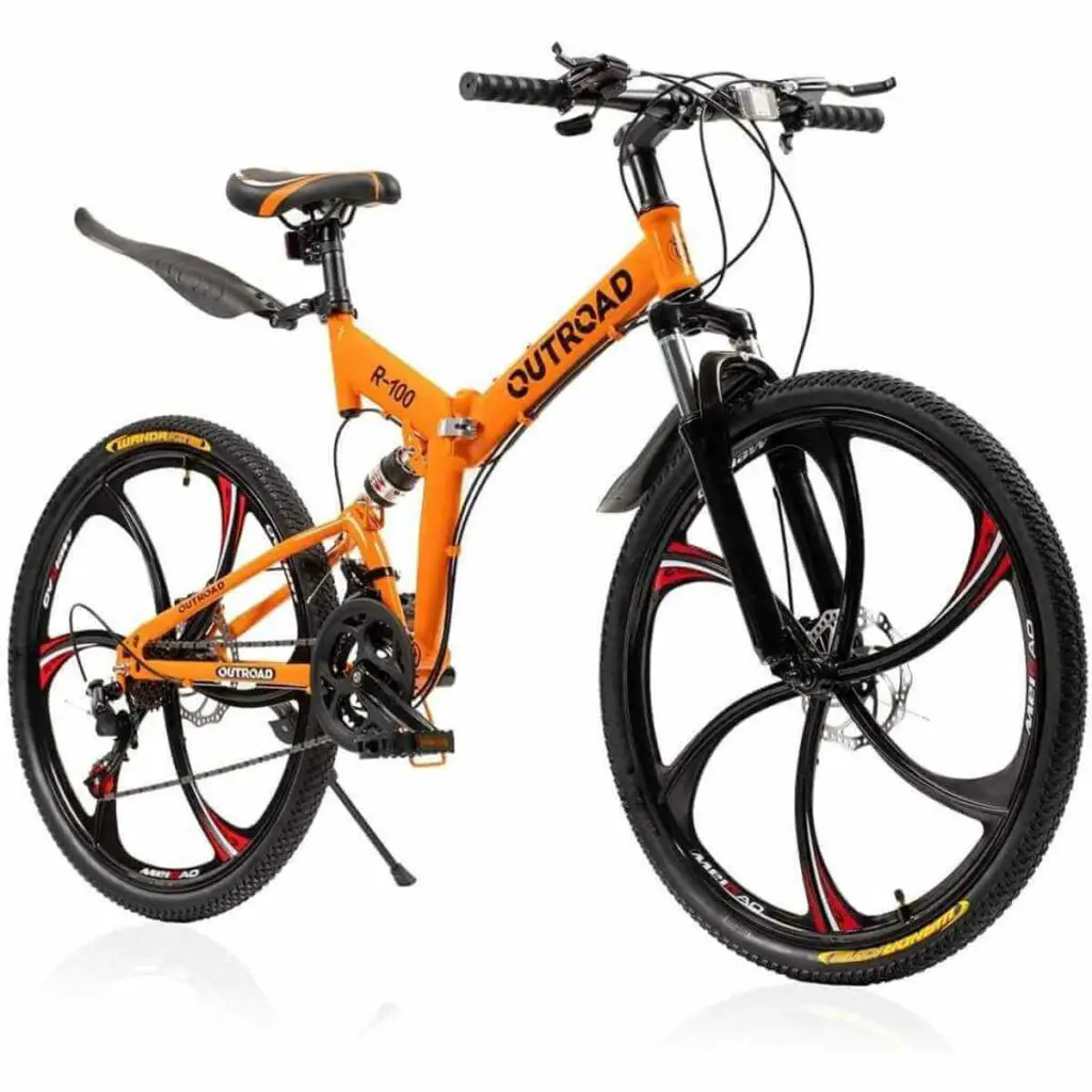 Photo of a orange Max4out 26 inch Folding Mountain Bike with front and read mudguards on a white background.