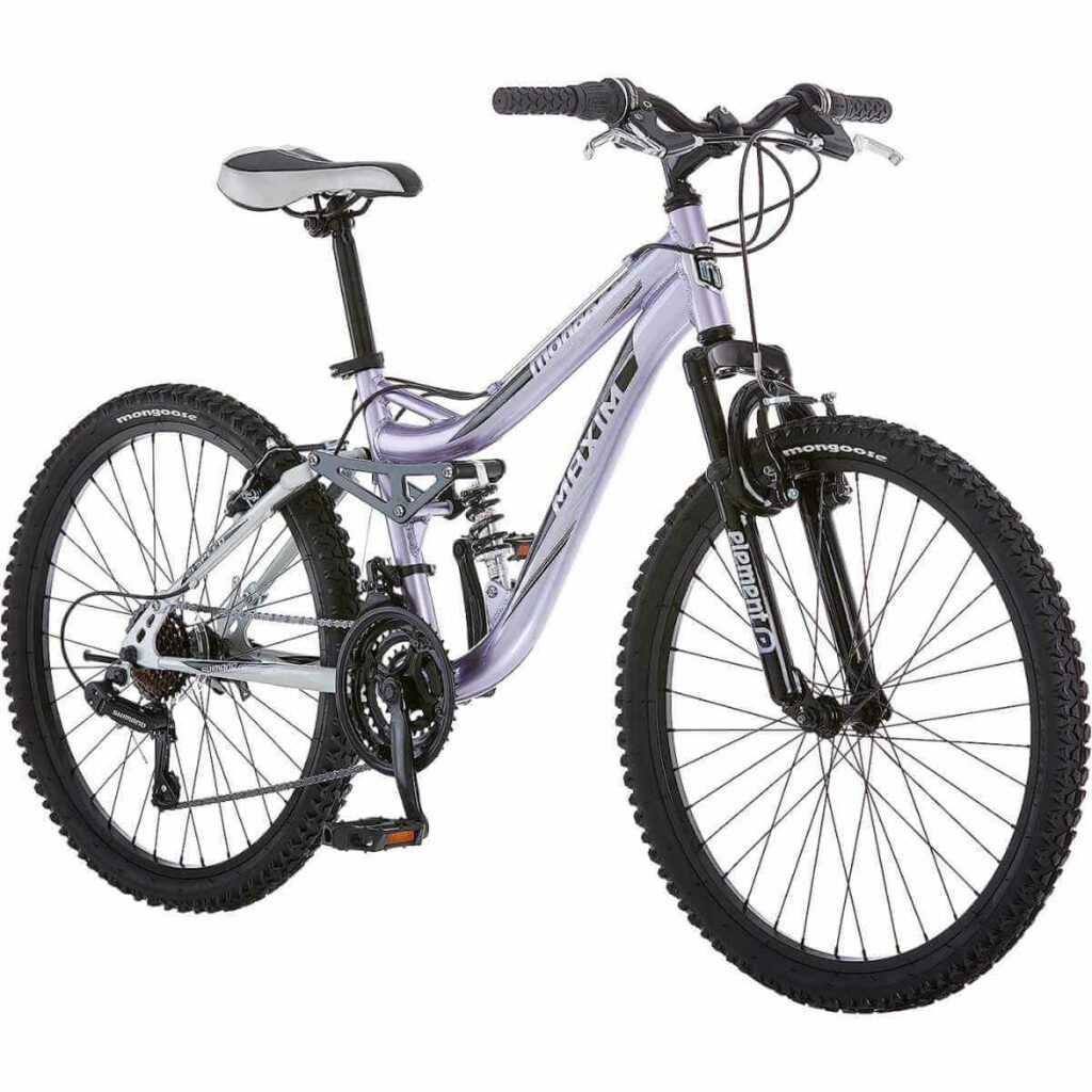 Photo of a Mongoose Maxim Girls Mountain Bike in purple color and on a white background.