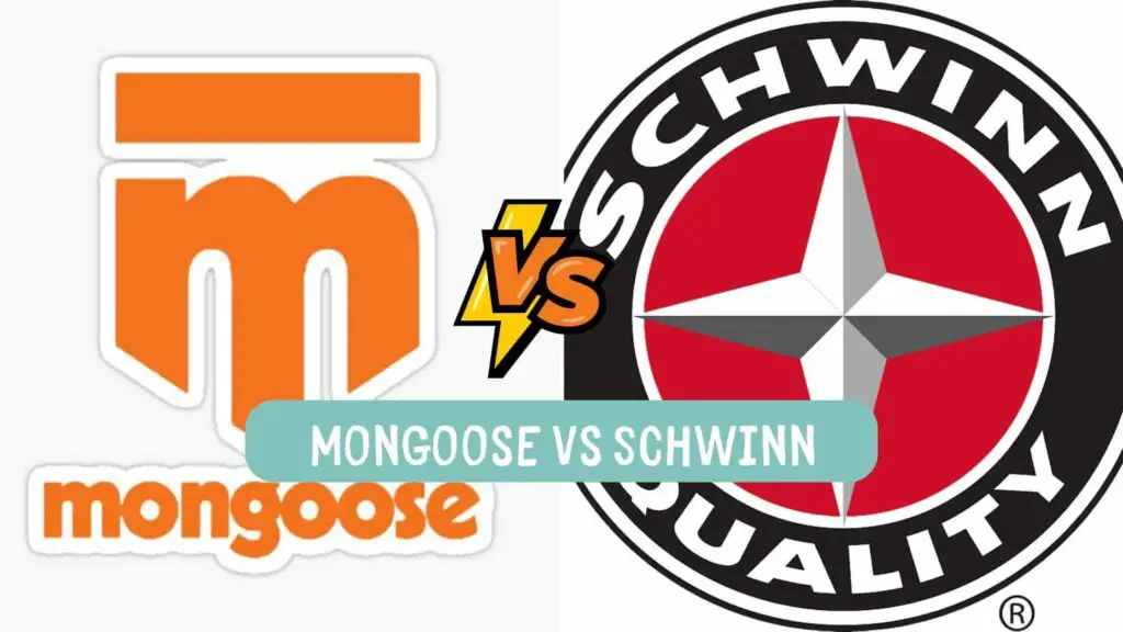 Photo of the logo of Mongoose bicycles on the left and the Schwinn bicycles logo on the right. Mongoose vs Schwinn.
