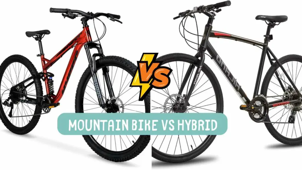 Photo of a red mountain bike on the left and a black hybrid bike on the right. Mountain Bike vs Hybrid