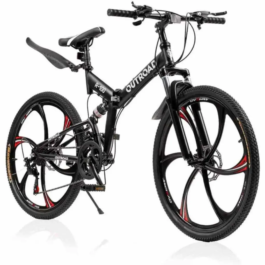 Photo of a black Outroad 26 Inch Folding Mountain Bike with a back and read mudbguard on a white background.