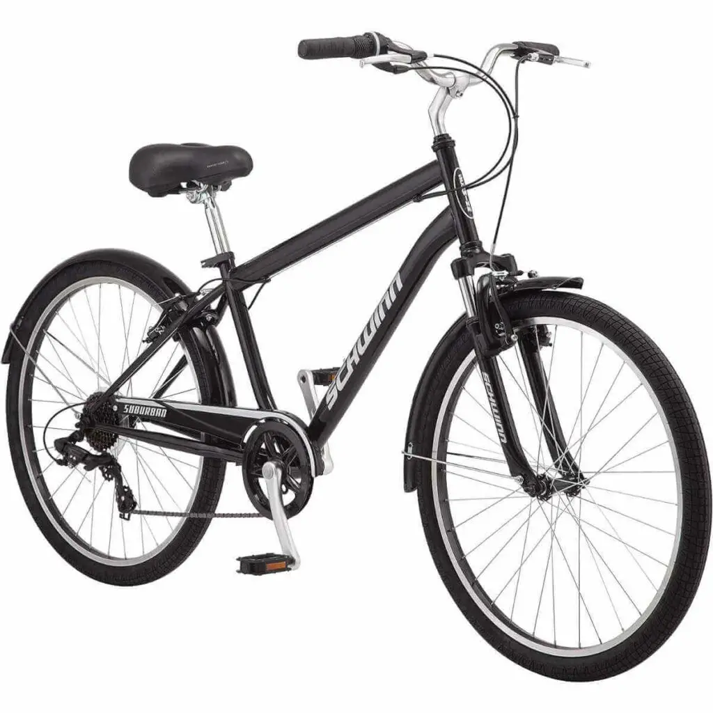 Photo of a black Schwinn Suburban Adult Classic Comfort Bike on a white background.