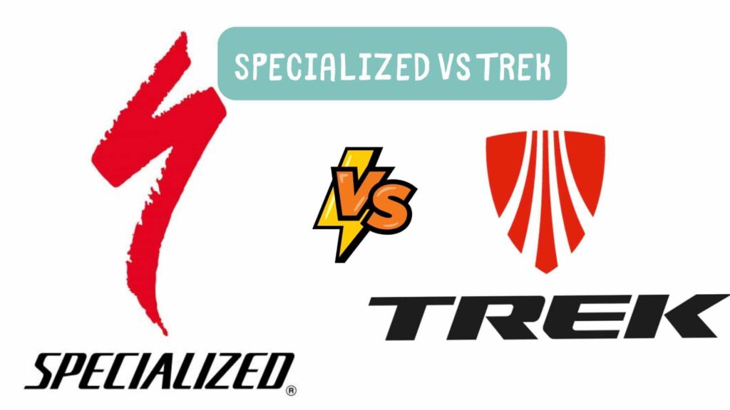 Picture with the specialized logo on the left and the trek logo on the right on a white background. Specialized vs Trek.