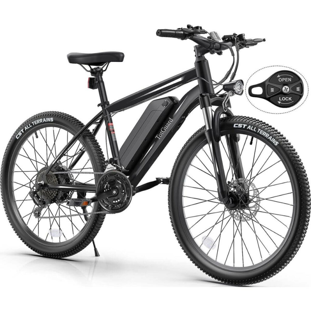Photo of a black TotGuard electric bicycle with a light and a suspension lock system.
