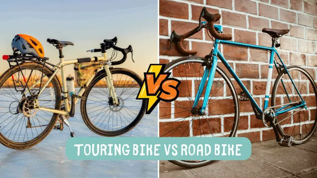 Photo of a touring bike on the ledt and a blue road bike on the right. Touring Bike vs Road Bike.