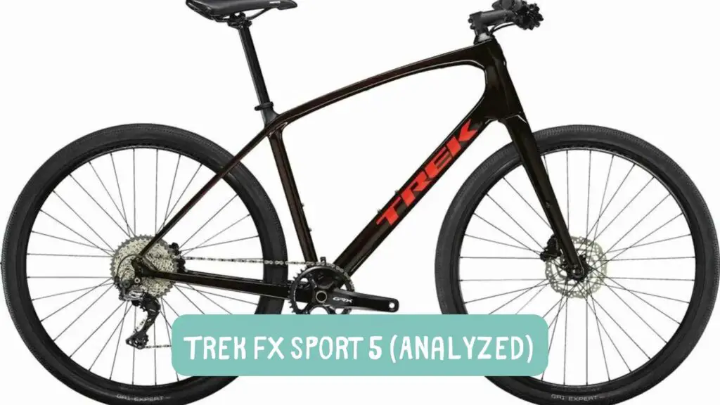 Photo of a dark brown and red logo Trek FX Sport 5 on a white background.