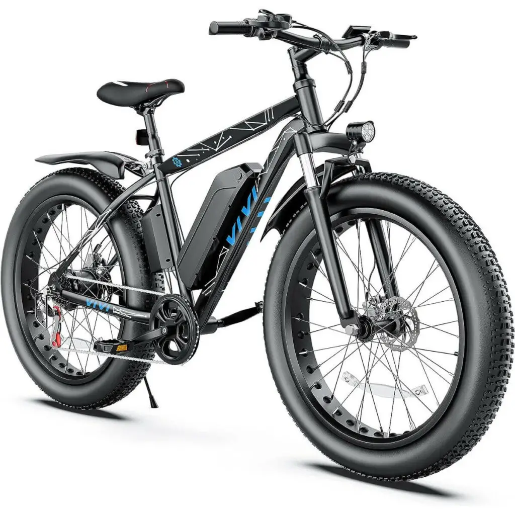 Photo of a black Vivi fat tire electric mountain bike with light and mudguards.