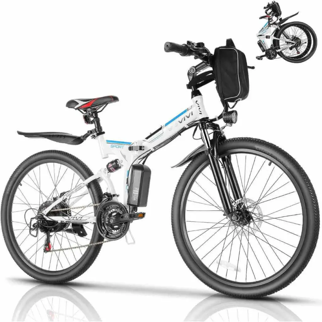 Photo of a white with blue accents foldable Vivi M026TGB Electric Bike on a white background.